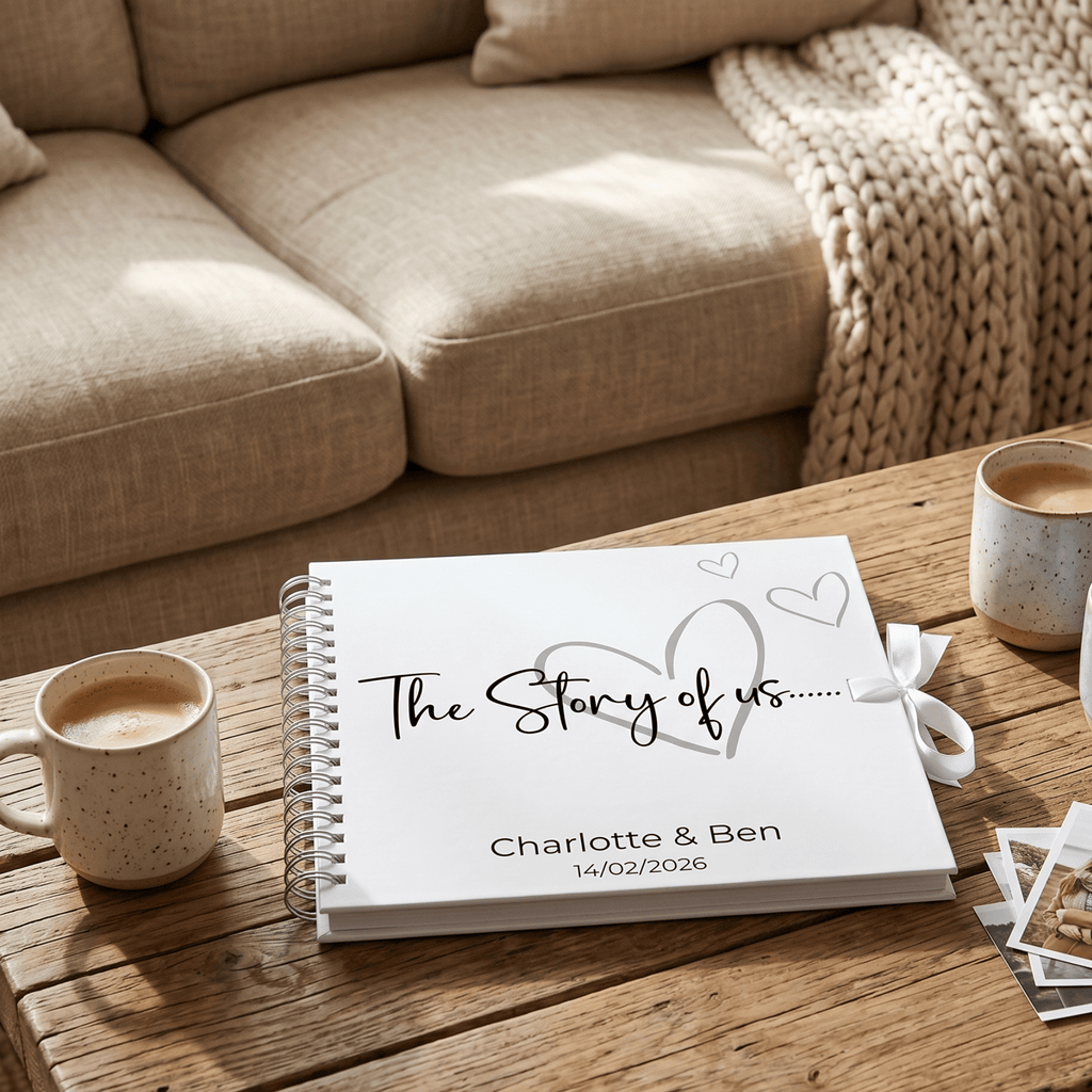 Personalised Album titled 'The Story of Us' on a wooden table with a cup and cards, against a beige sofa background.