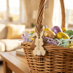 Wicker Easter basket with colorful eggs and a bunny-shaped name tag on a blurred indoor background