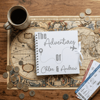 Album titled 'The Adventures of Chloe & Andrew' on a world map with coins and a mug.