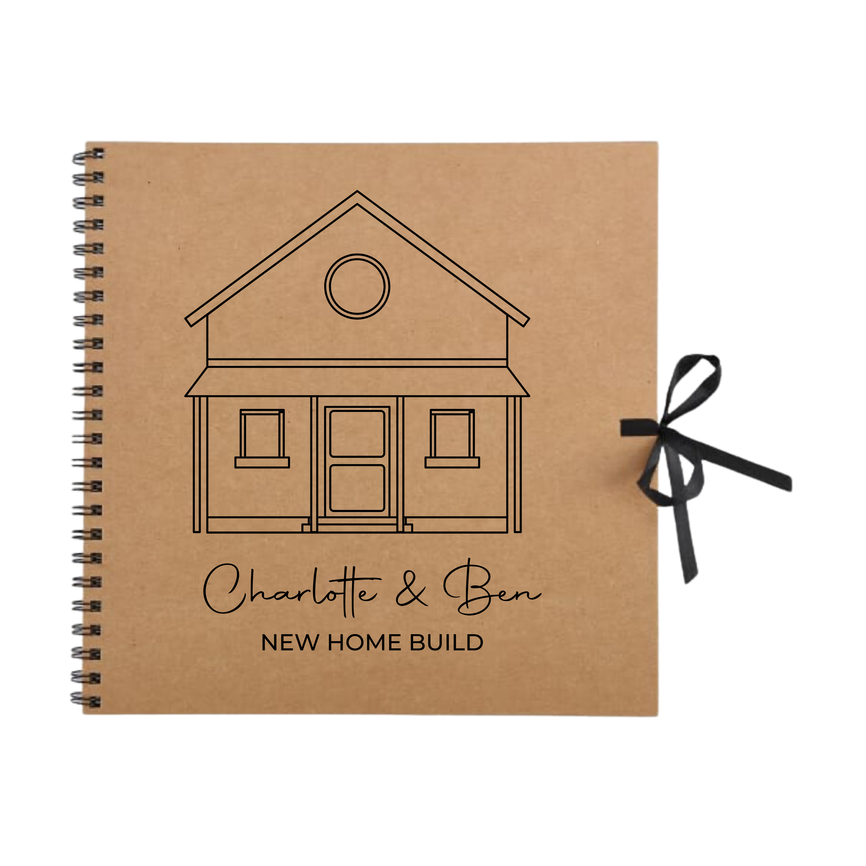 Kraft scrapbook photo album with custom names and "New Home Build" title, perfect housewarming gift
