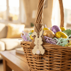 Wicker Easter basket with colorful eggs and a bunny tag on a blurred indoor background