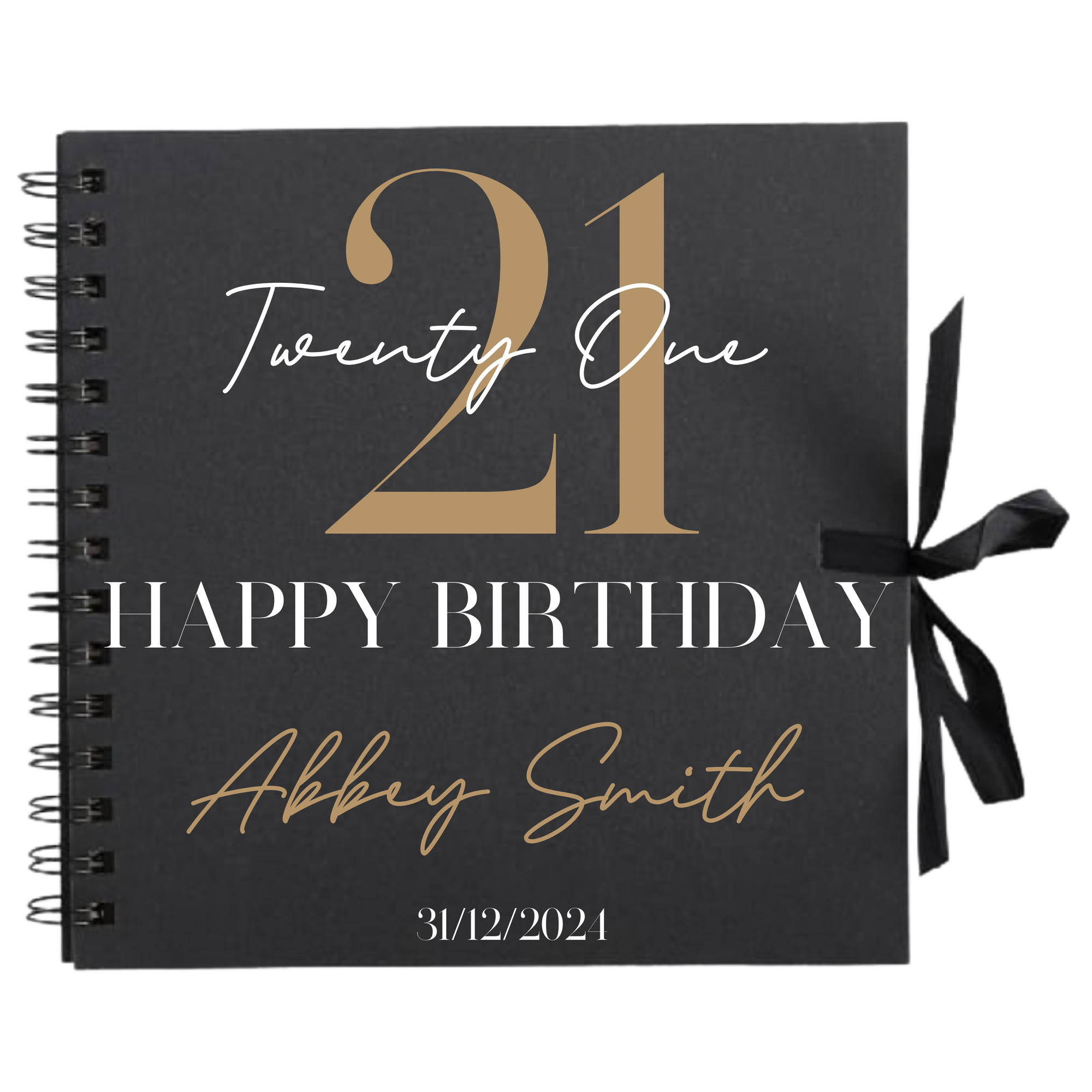 Personalised 21st birthday scrapbook album in black with gold detailing, ribbon tie and name on cover