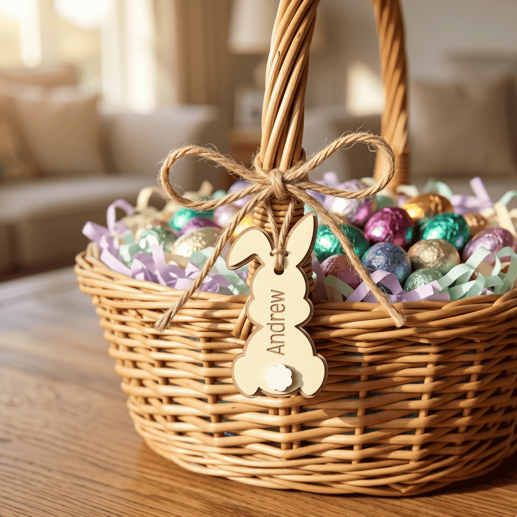 Wicker Easter basket with colorful eggs and a gold bunny tag on a wooden table.
