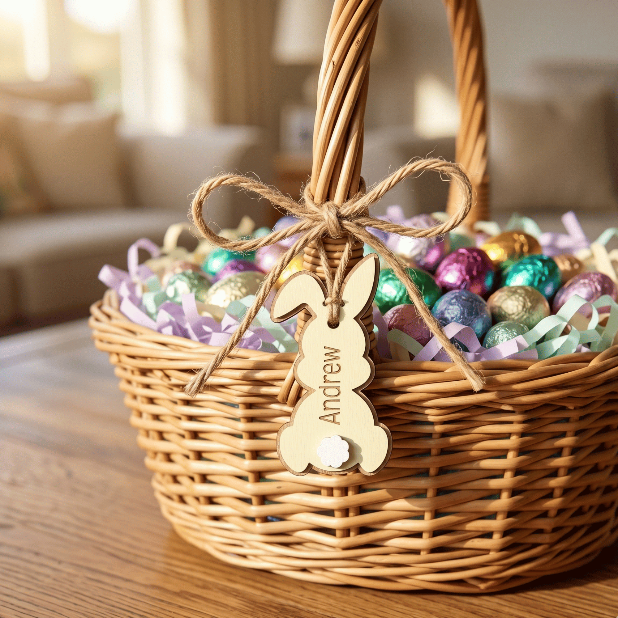 Wicker Easter basket with colorful eggs and a gold bunny tag on a wooden table.