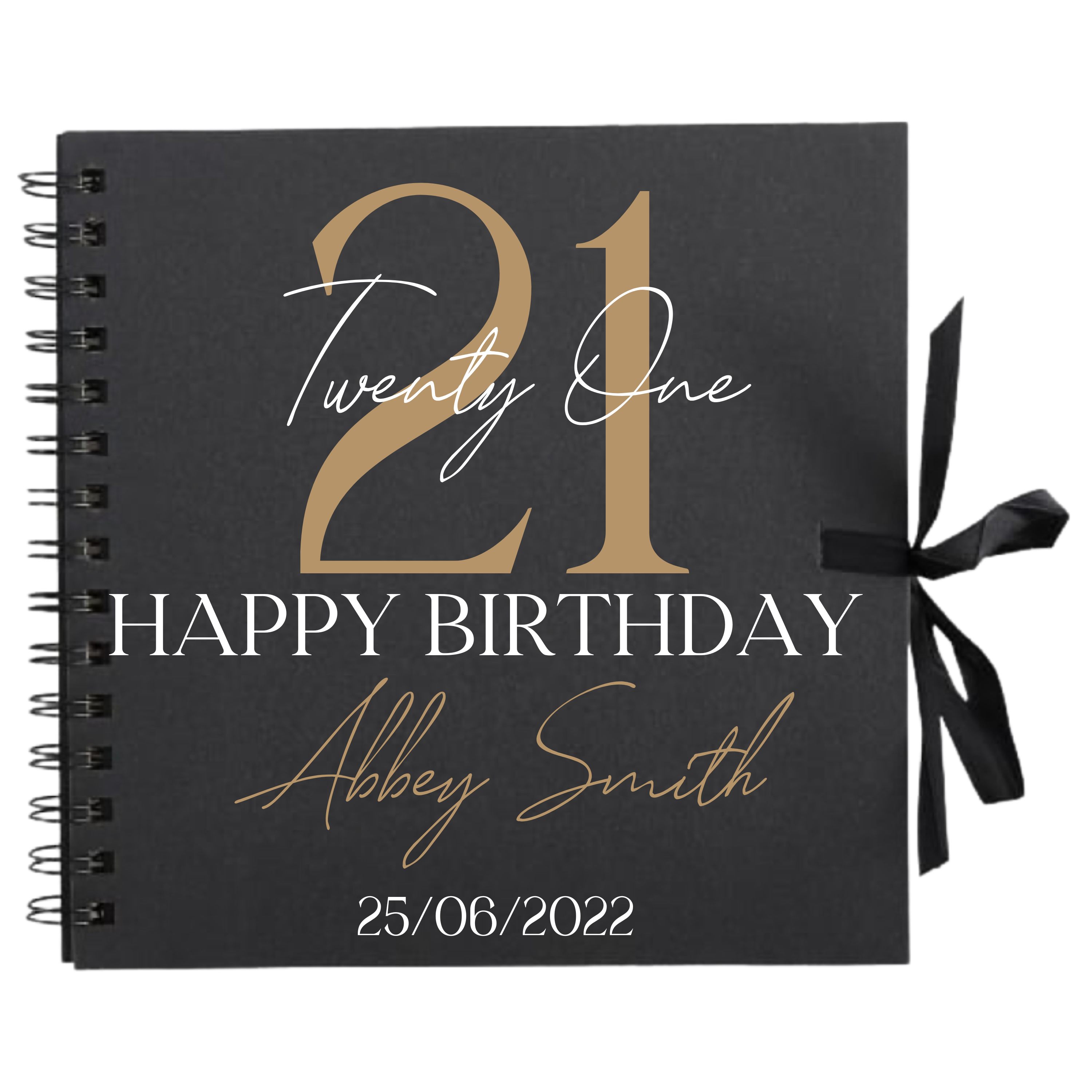 Personalised 21st birthday scrapbook album in black with gold detailing, ribbon tie and name on cover