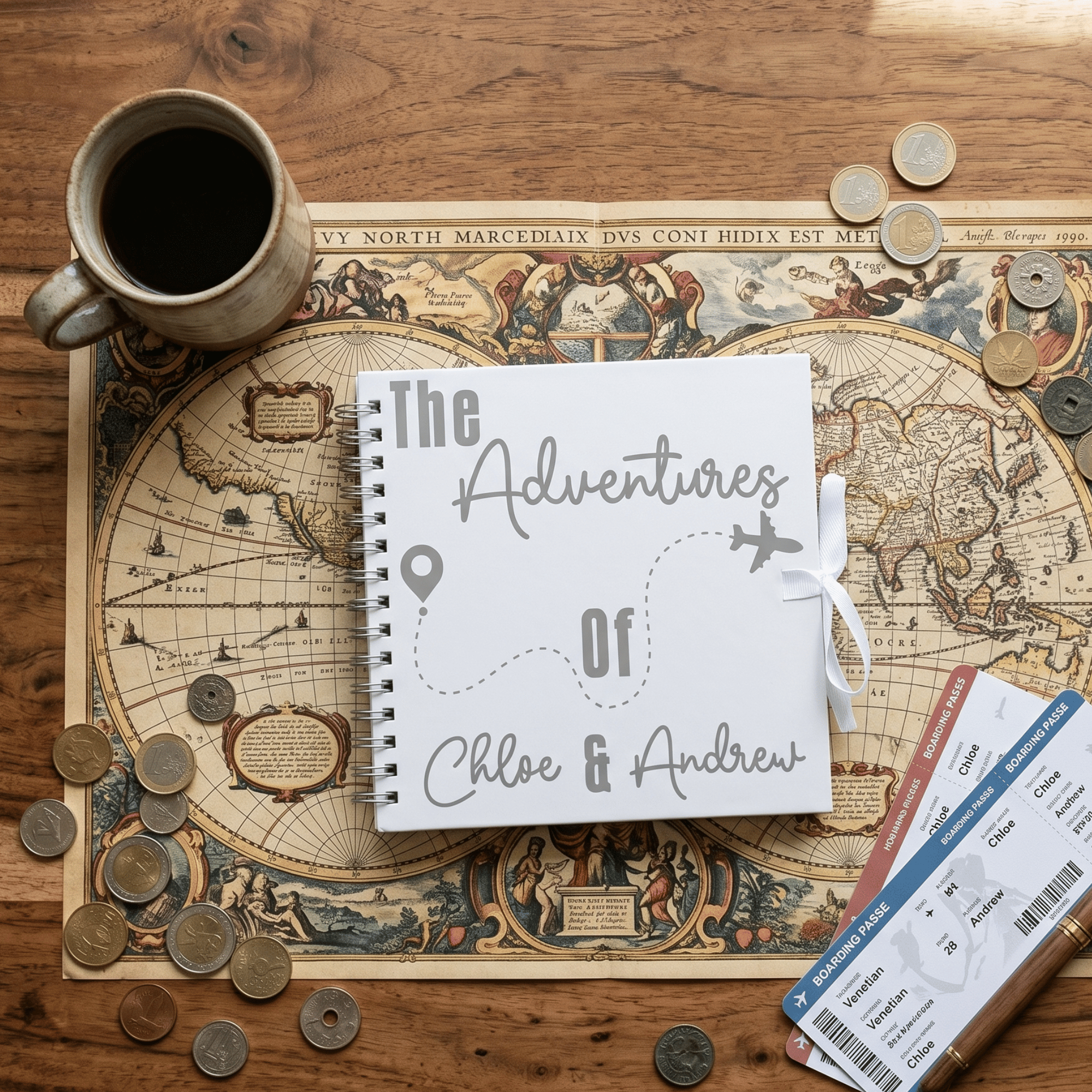 Album titled 'The Adventures of Chloe & Andrew' on a wooden surface with coins and a map.