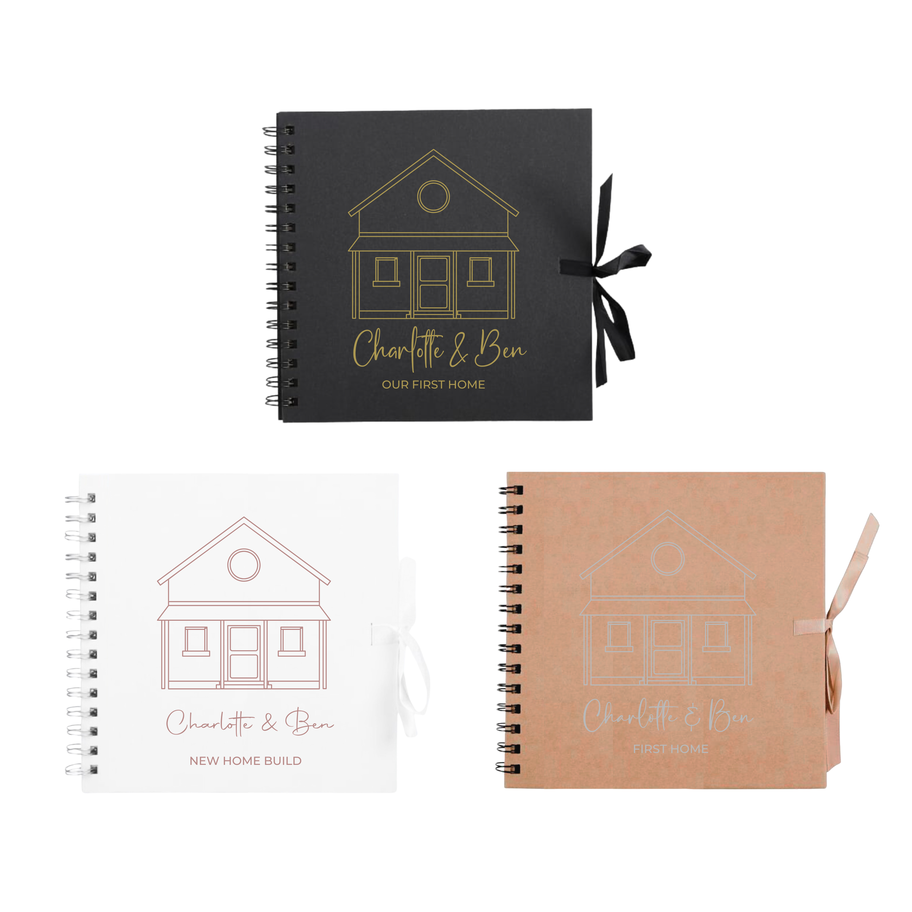 Three personalised home photo albums for first home, new home build, and first home milestones in black, white, and kraft covers