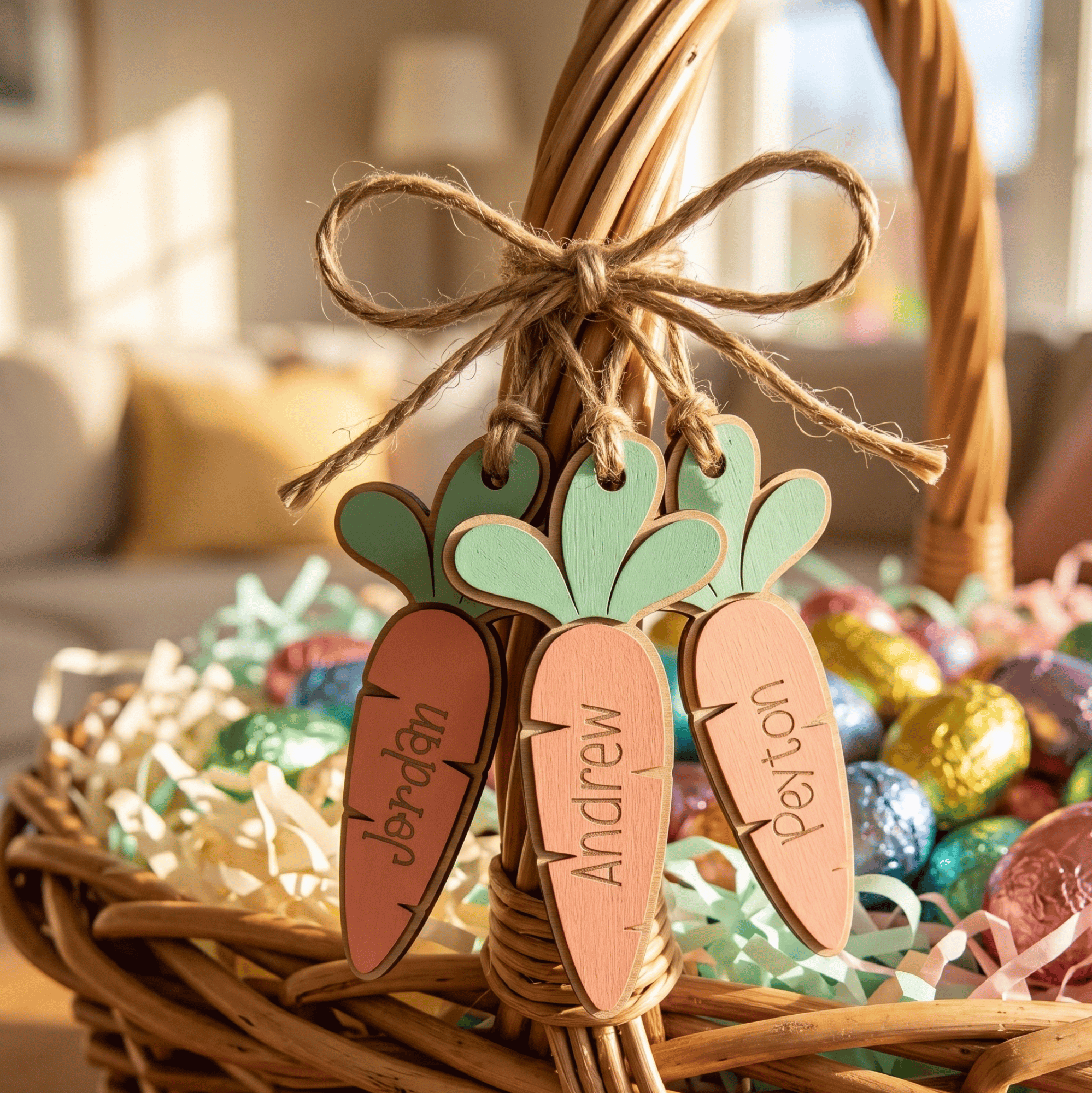 Carrot-shaped name tags with names 'Jordan', 'Andrew', and 'Peterson' in an Easter basket filled with colorful eggs.