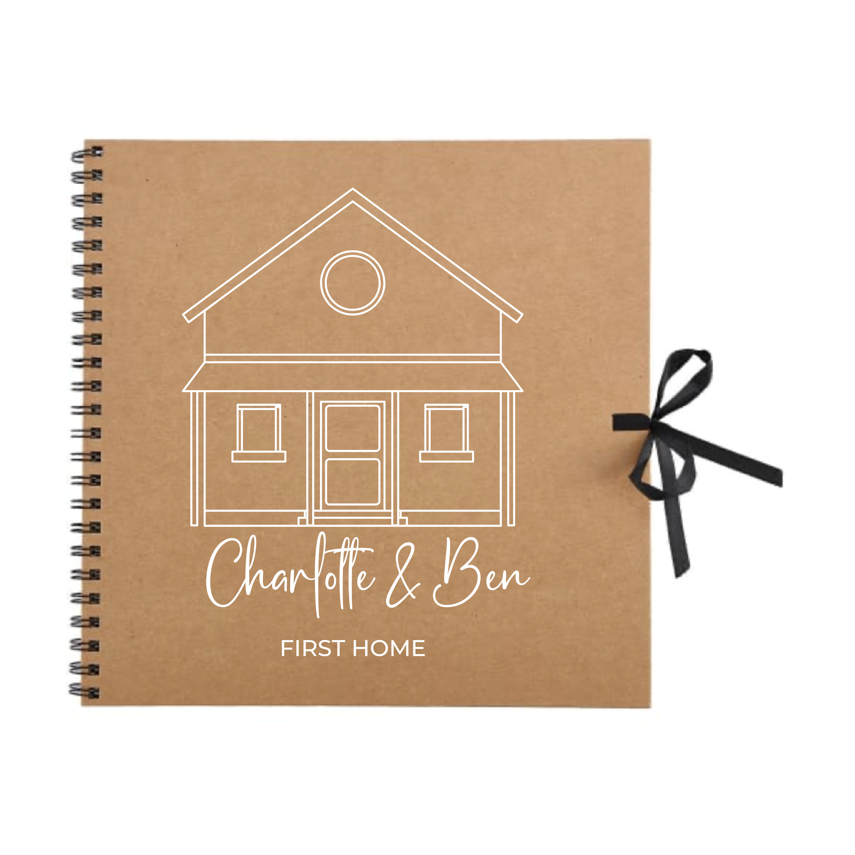 Kraft scrapbook photo album with custom names and "First Home" title, perfect housewarming gift
