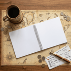 Open Album on a world map with coins, a cup, and a passport