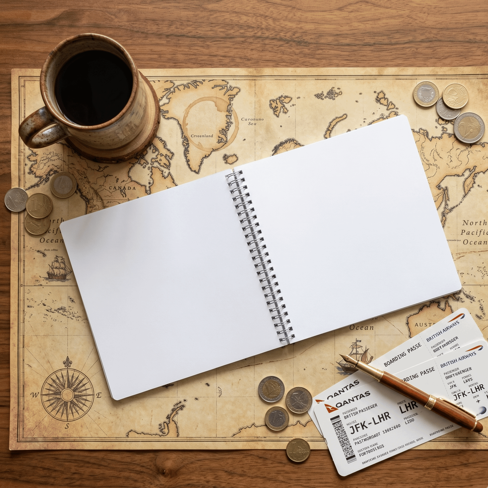 Open Album on a world map with coins, a cup, and a passport