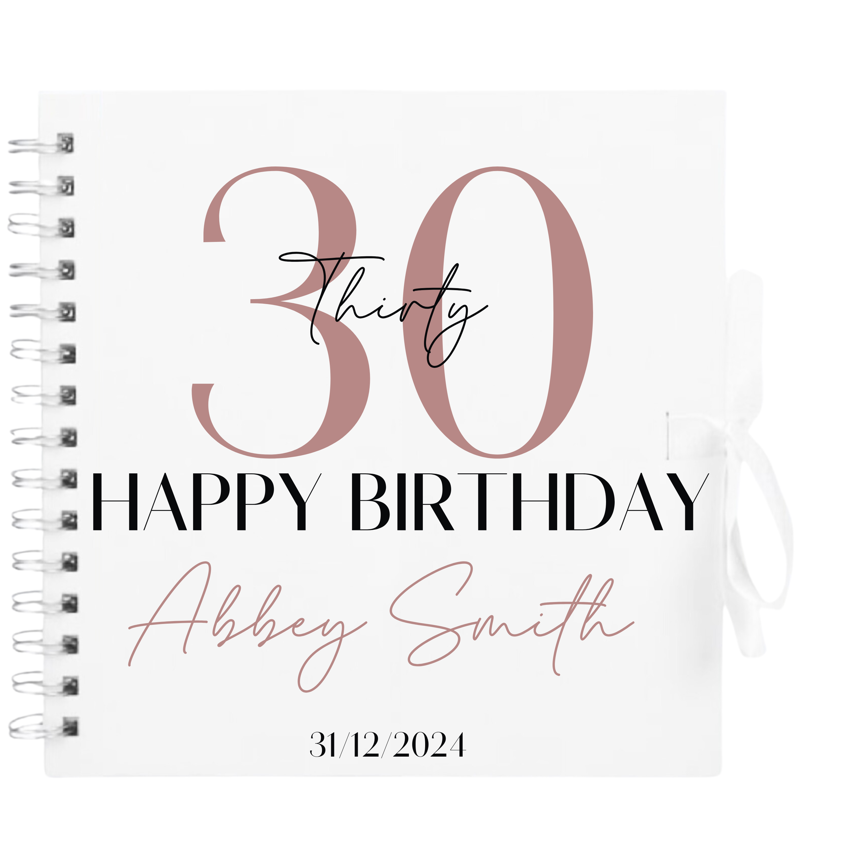 Personalised 30th birthday scrapbook album in white cover with rose gold detailing and custom name