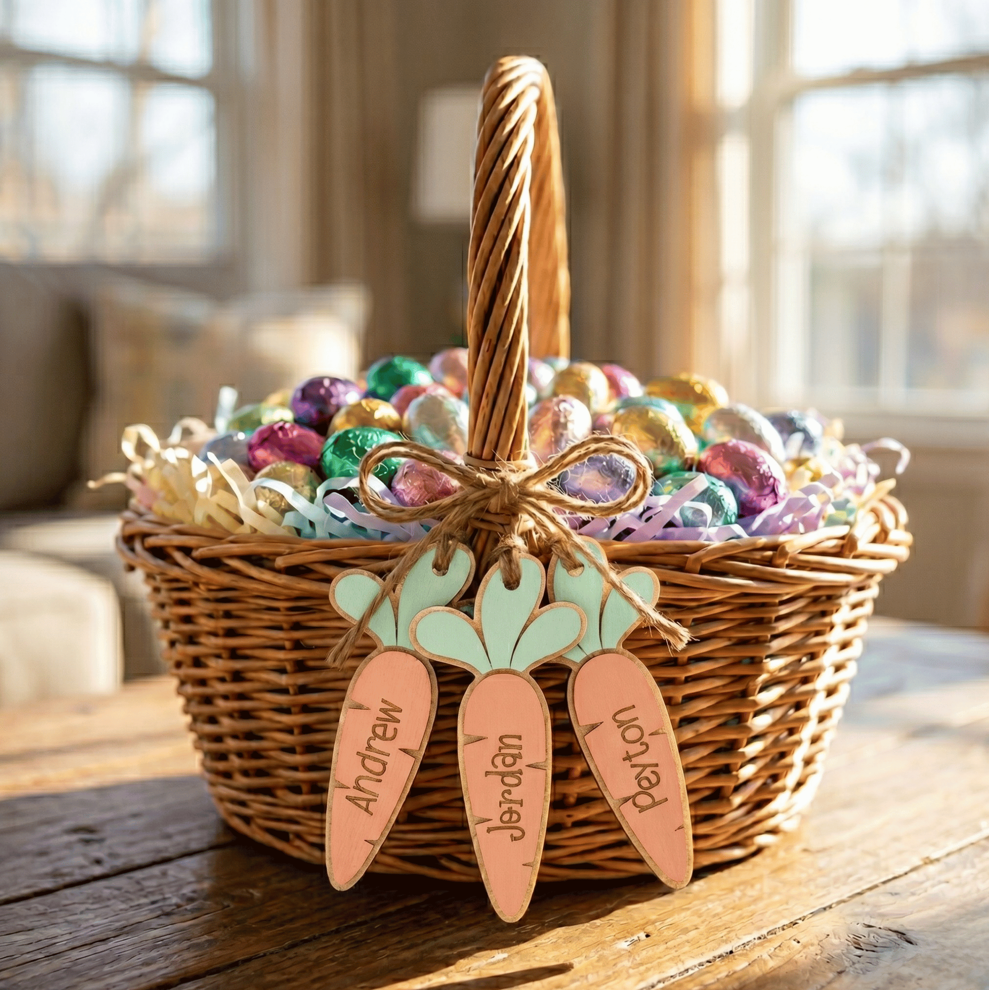 Wicker Easter basket with colorful eggs and personalized carrot-shaped wooden tags on a wooden table.