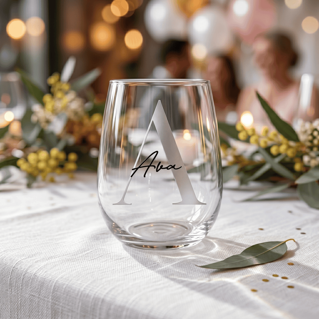 Clear glass with 'Ava' monogramed on a table with blurred people and decorations in the background