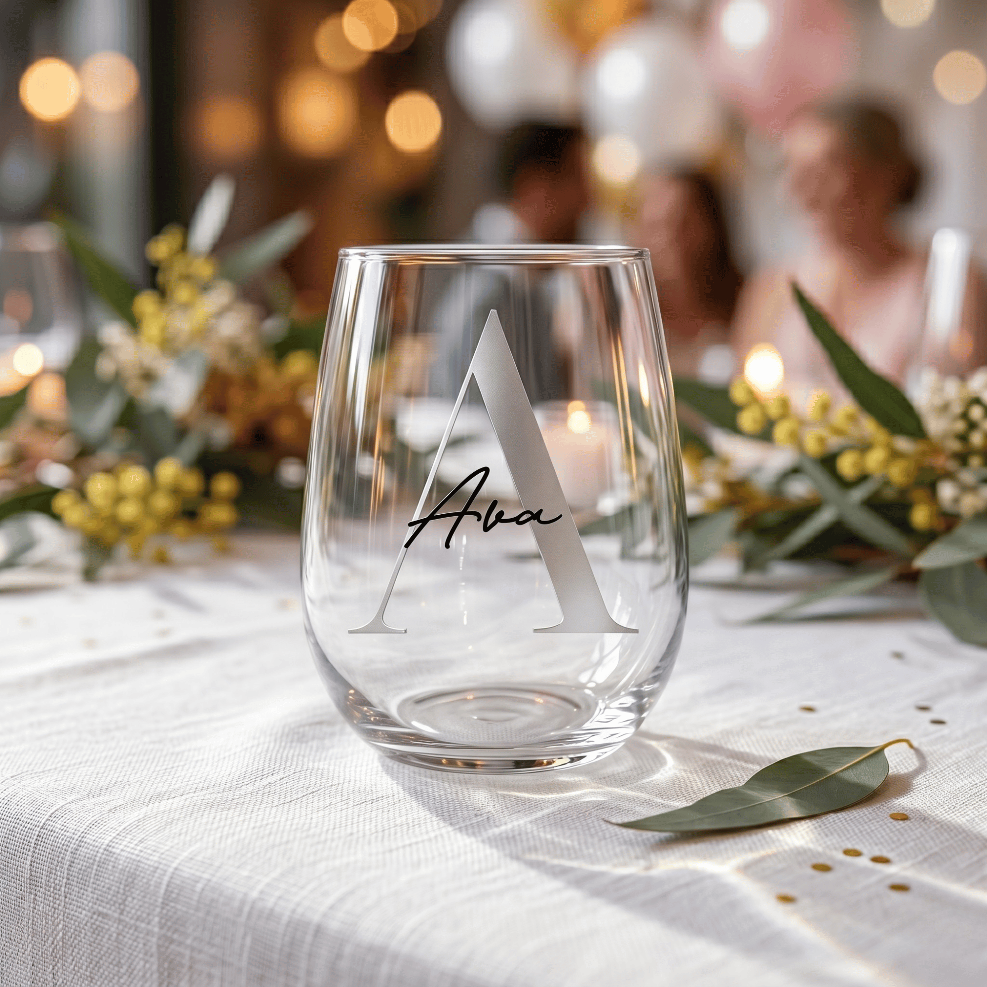 Clear glass with 'Ava' monogramed on a table with blurred people and decorations in the background
