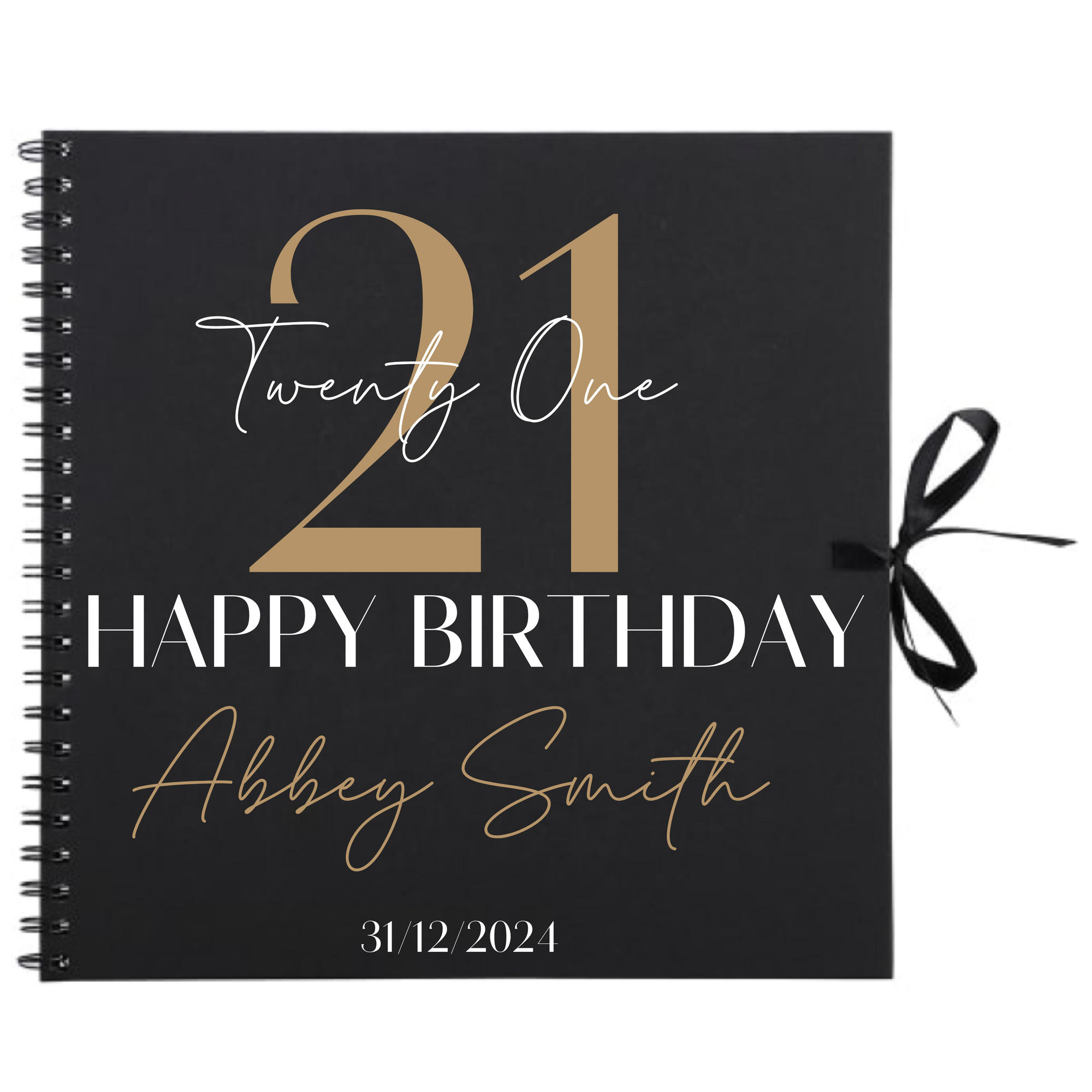 Personalised 21st birthday scrapbook album in black with gold detailing, ribbon tie and name on cover