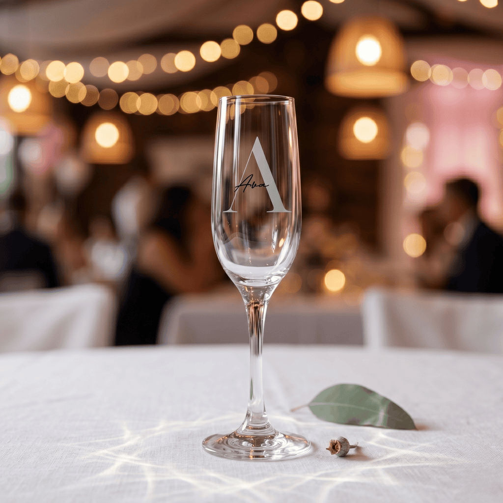 Champagne flute with a monogram on a tablecloth with blurred lights in the background