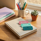Notebook with name tags on a desk next to a mug with pens, books, and a plant.