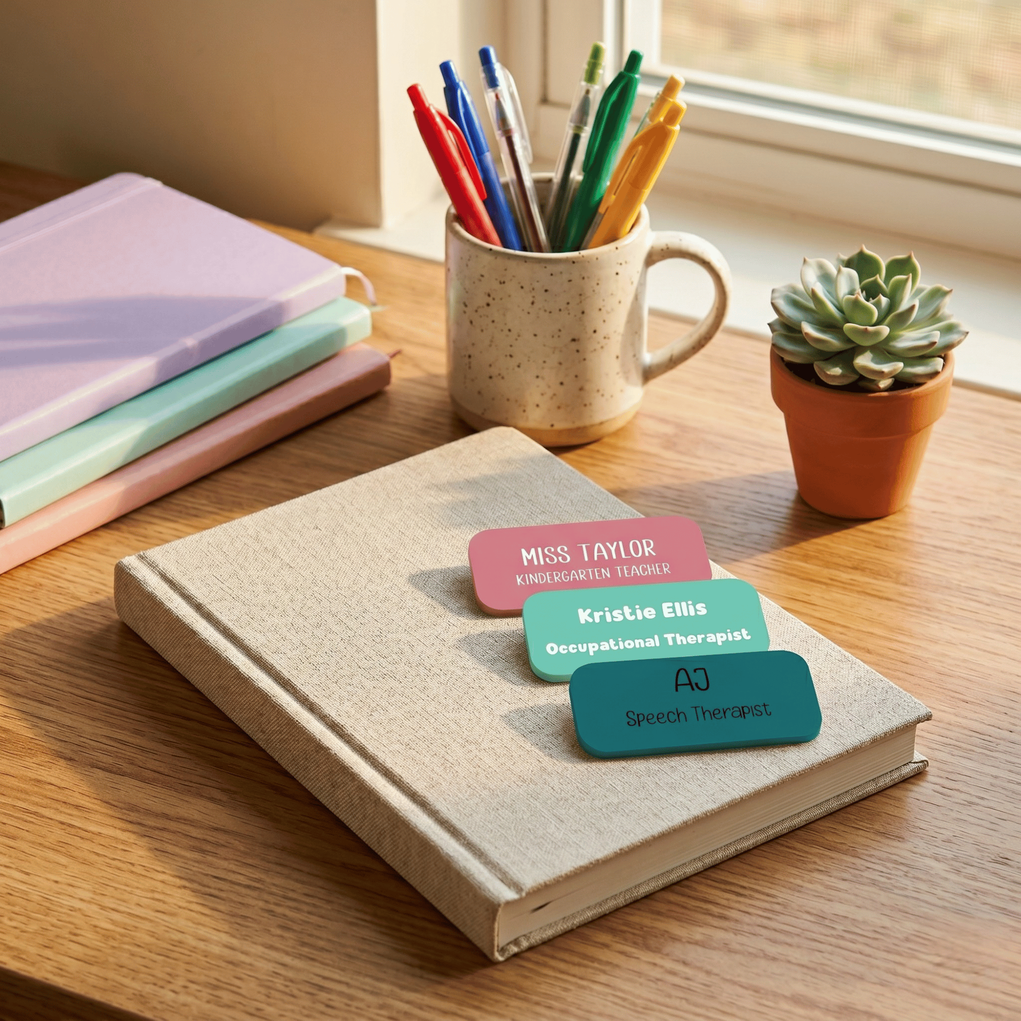 Notebook with name tags on a desk next to a mug with pens, books, and a plant.