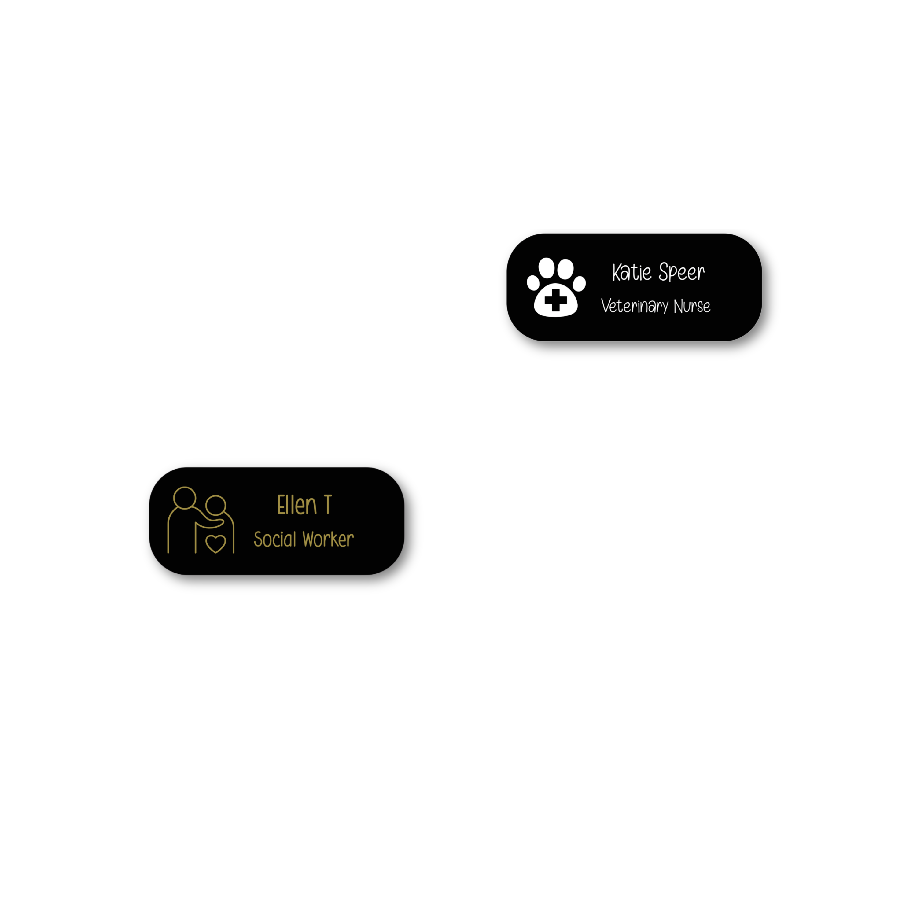 Custom medical name badges for occupational therapist, speech therapist, and registered nurse. Personalised design with icons and coloured background.