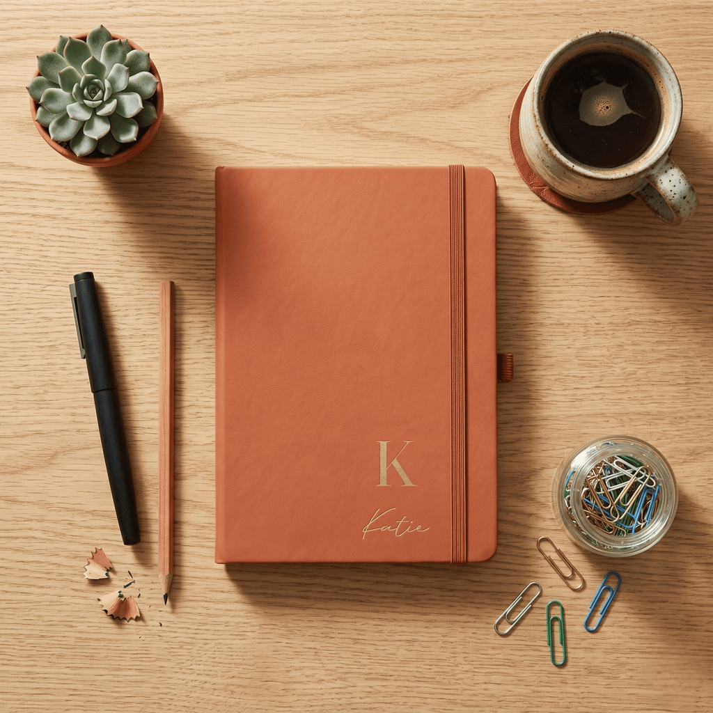 Brown notebook with 'Katie' on a wooden desk with stationery items