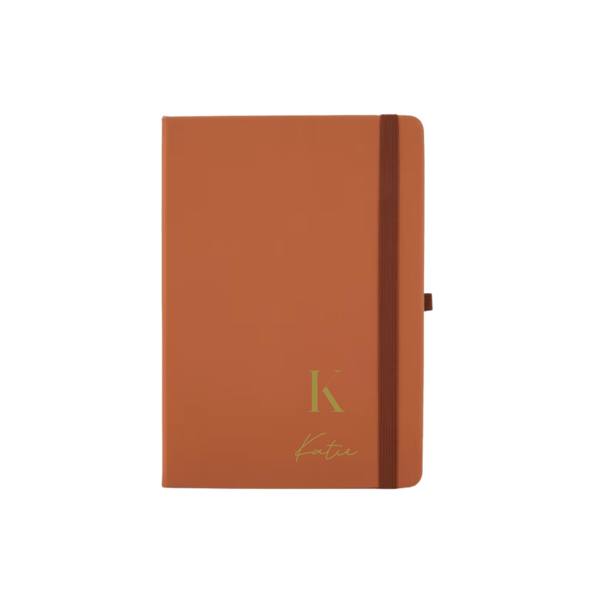 Personalised tan A5 vegan leather notebook with custom initial K and name Katie in gold lettering.