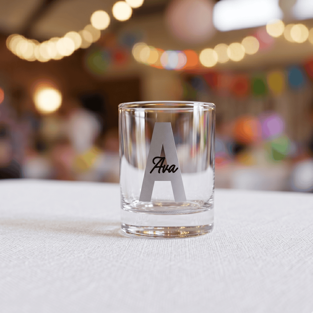 Clear glass with 'Ava' engraving on a white surface with blurred festive background