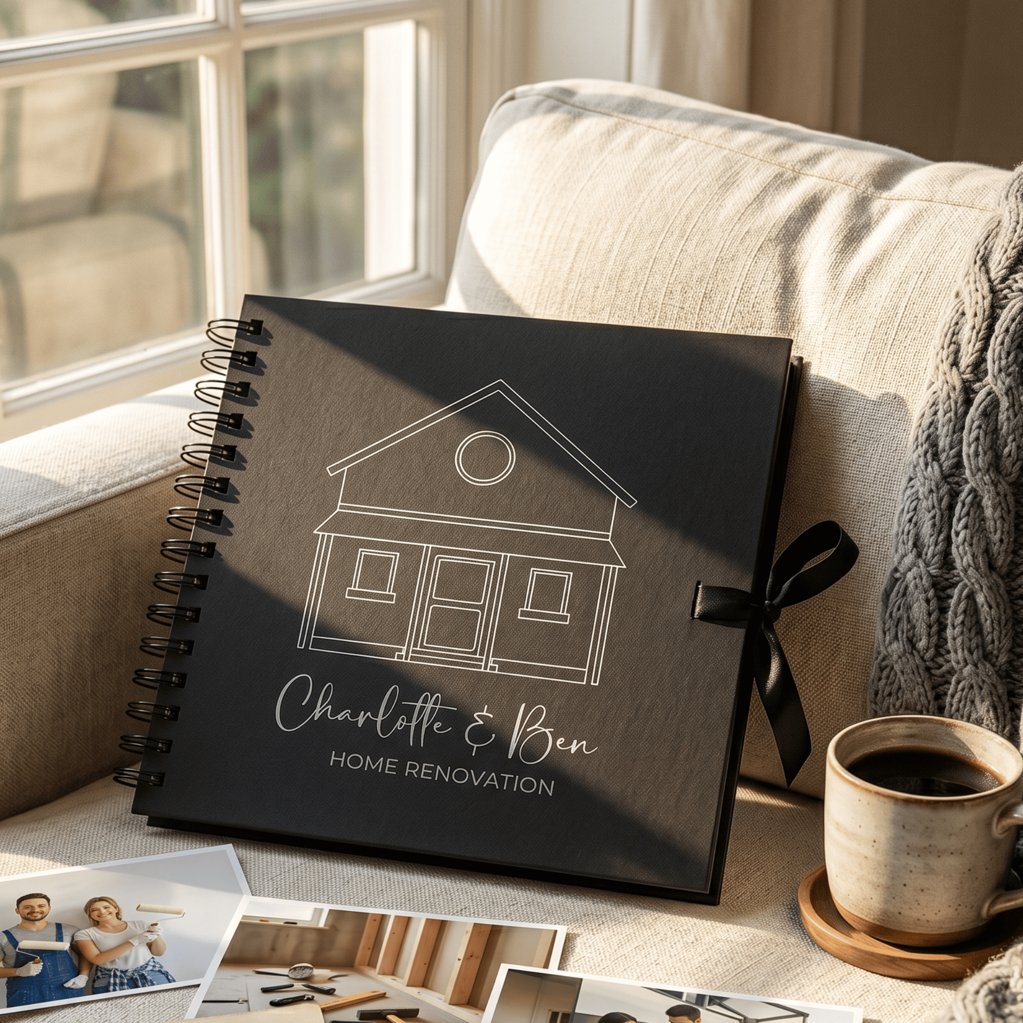 Black album with house illustration and text on a couch with a cup of coffee and photos.