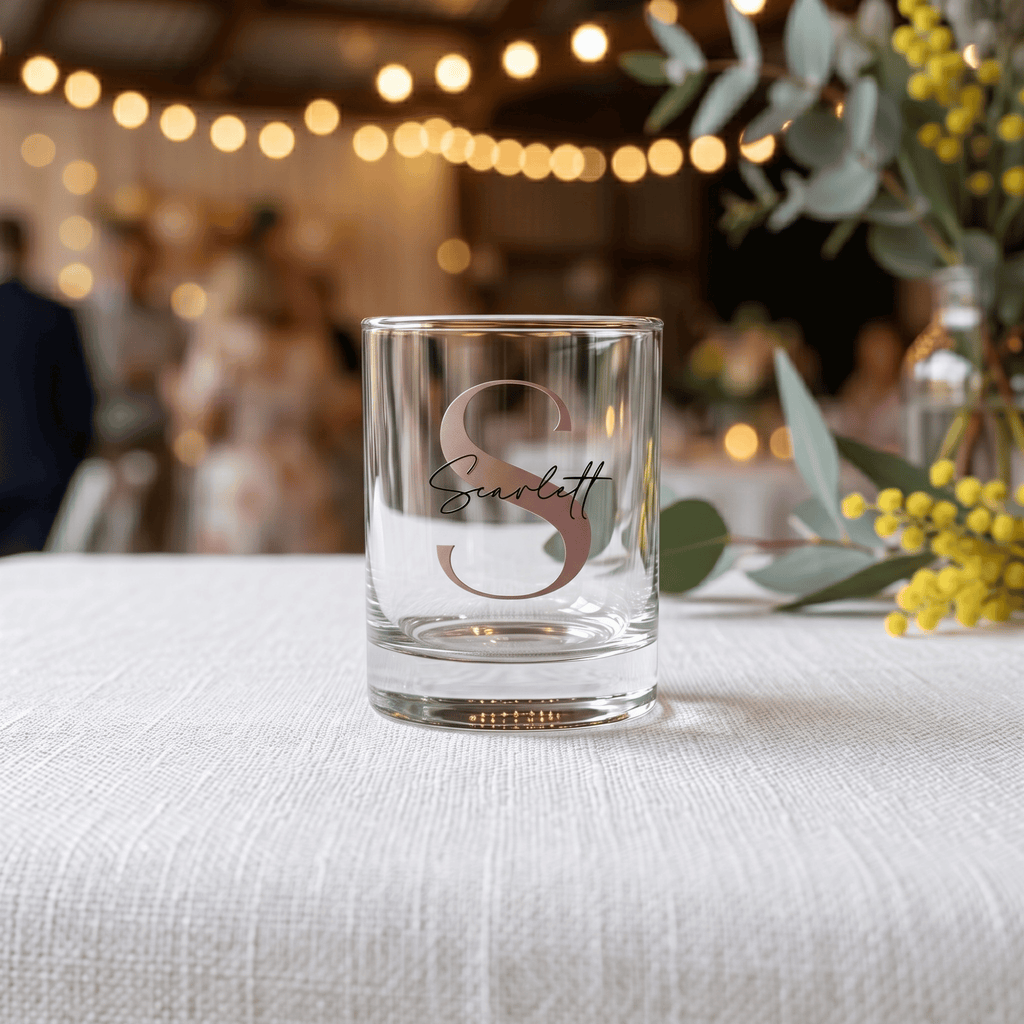 Clear glass with engraved name on a table with blurred background