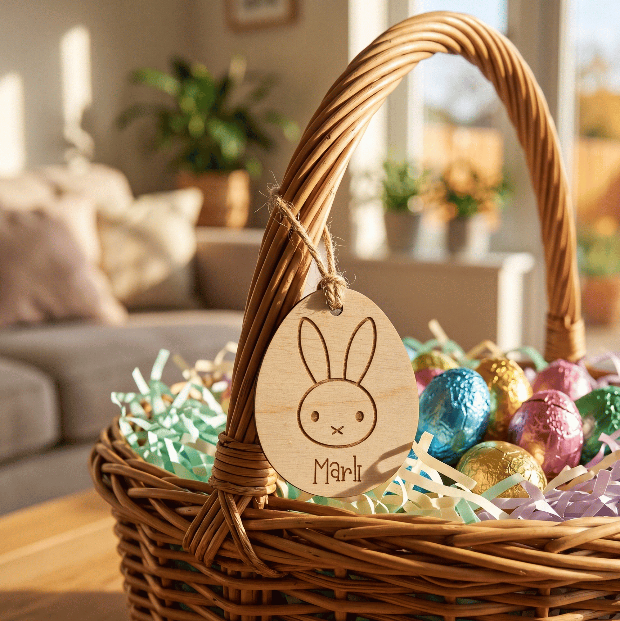 Wicker Easter basket with colorful eggs and a wooden tag featuring a bunny face and name 'Marli' in a home setting.