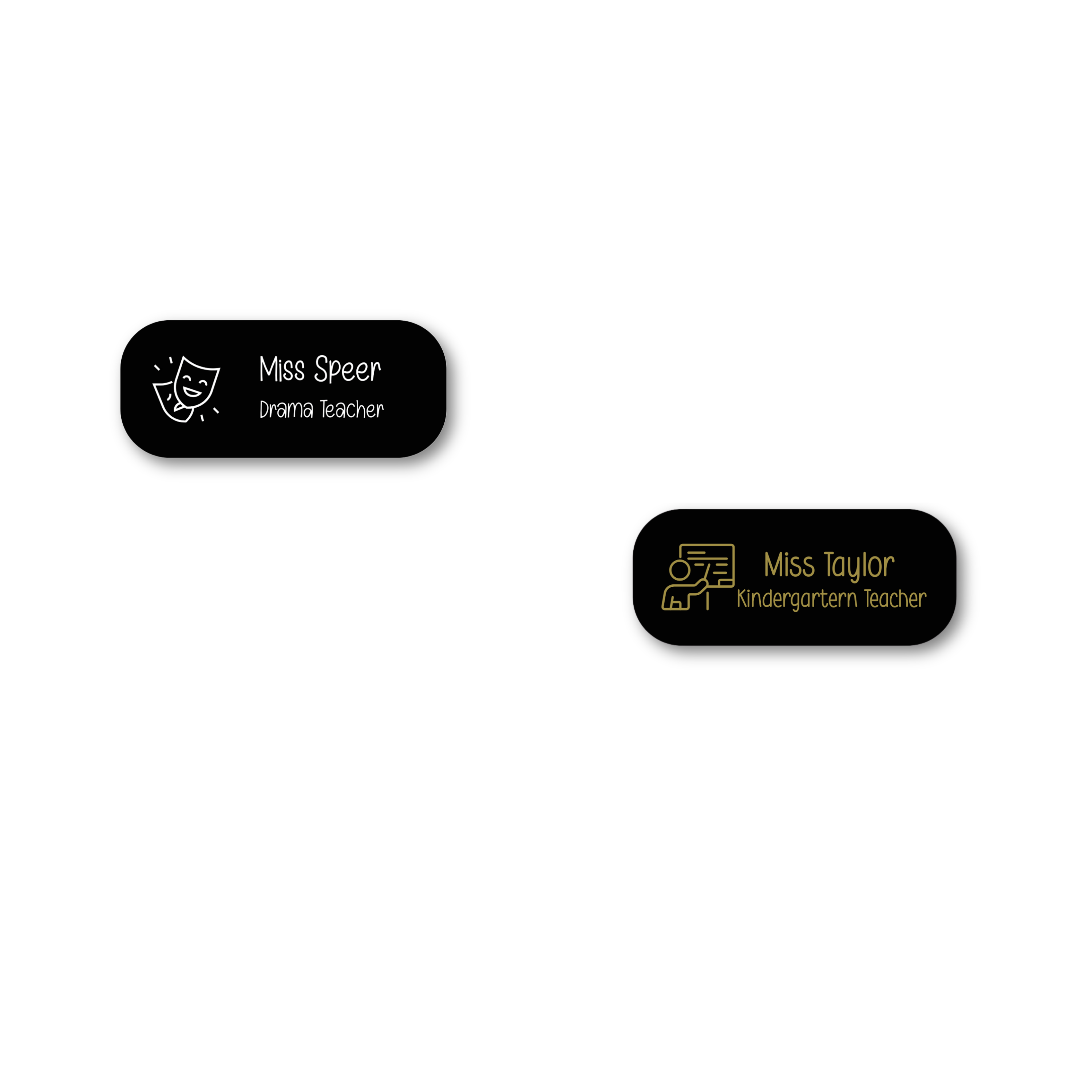 Black acrylic name badges with gold and white engraving for drama and kindergarten teachers. Custom teacher badges with icons.