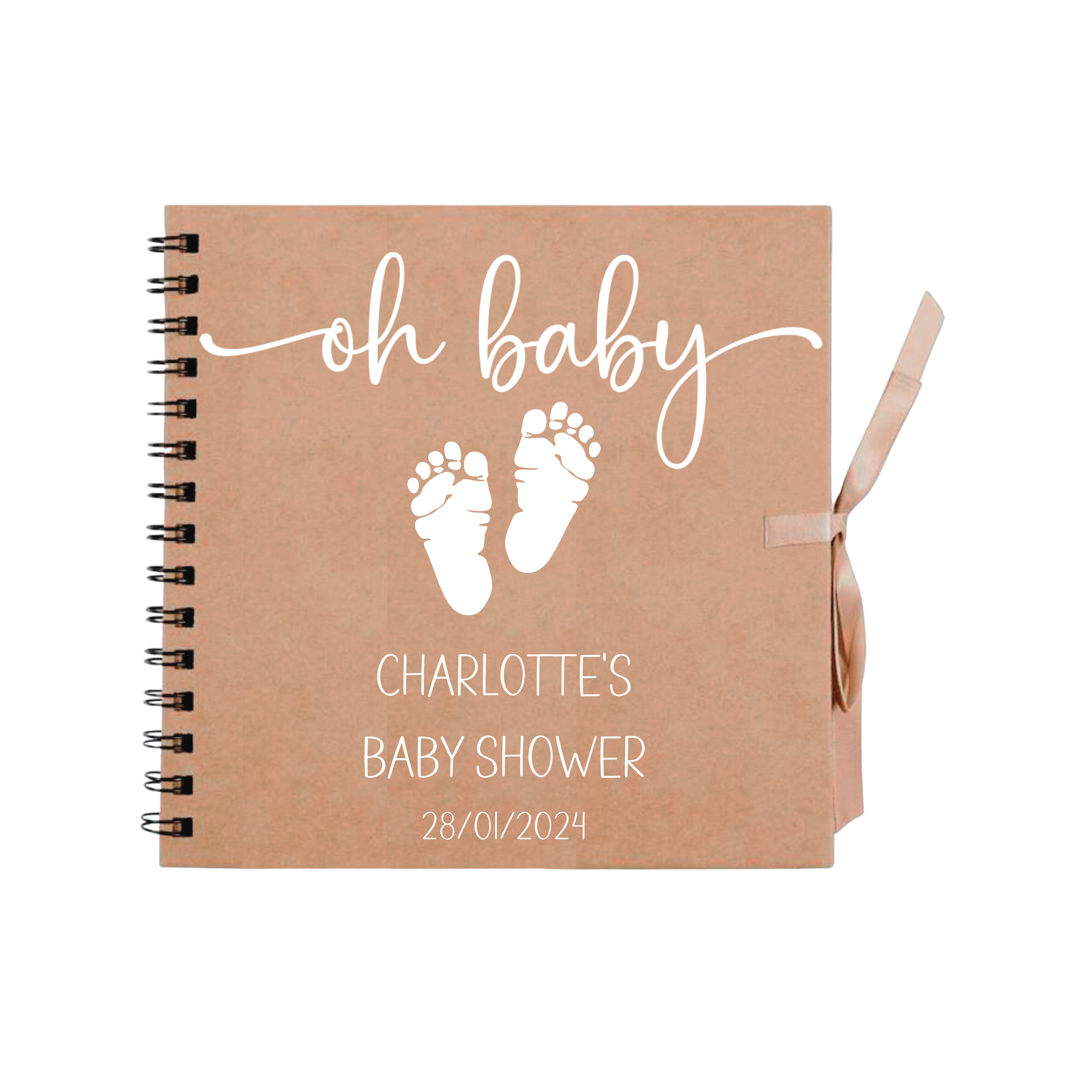 Kraft personalised scrapbook with "oh baby" design and white baby footprints, customised for Charlotte’s baby shower – ideal baby shower memory album.