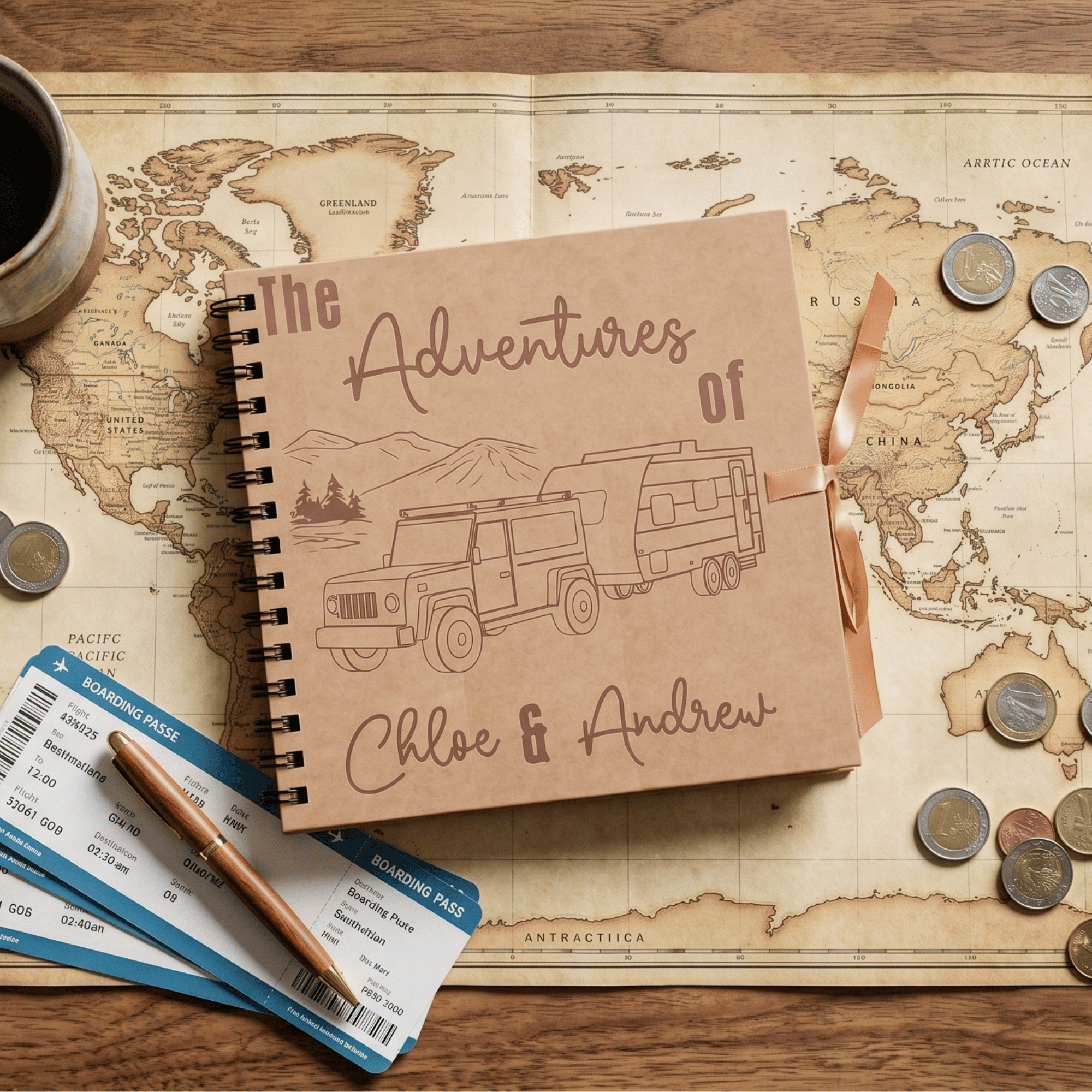 Album titled 'The Adventures of Chloe & Andrew' on a world map with coins and tickets.