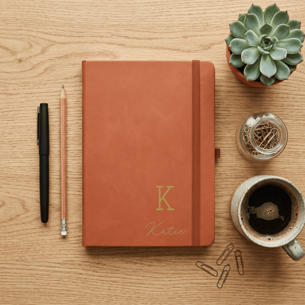 Brown notebook with 'Katie' and a gold 'K' on a wooden table with stationery items.