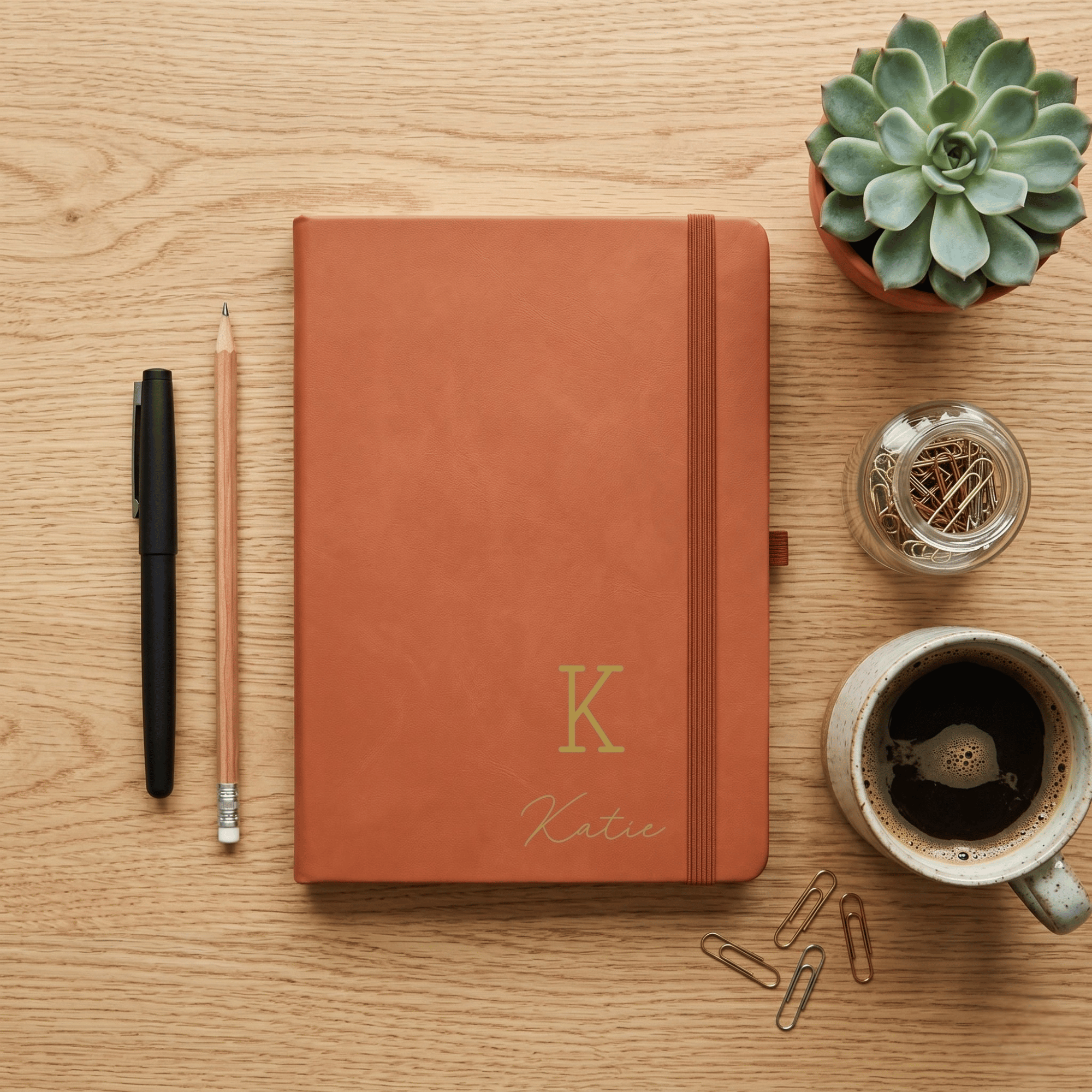Brown notebook with 'Katie' and a gold 'K' on a wooden table with stationery items.