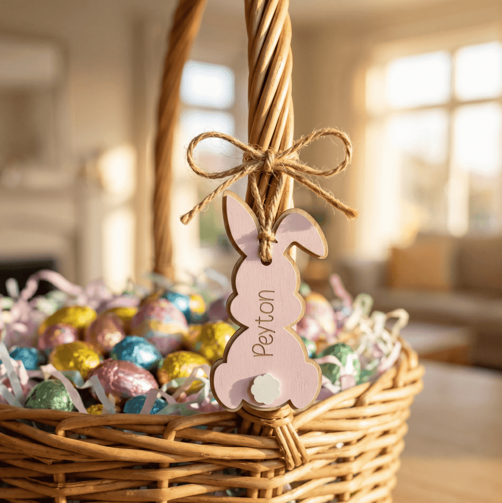 3D Personalised Floppy Ear Bunny Tag – Custom Wood and Acrylic Layered Label - Make It Personal Gift Co
