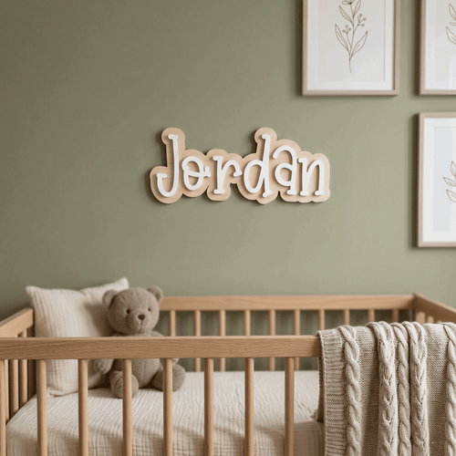 A custom 3D double layered acrylic name plaque featuring raised lettering mounted on a nursery feature wall, handcrafted by Make It Personal Gift Co in Central Coast, Australia.