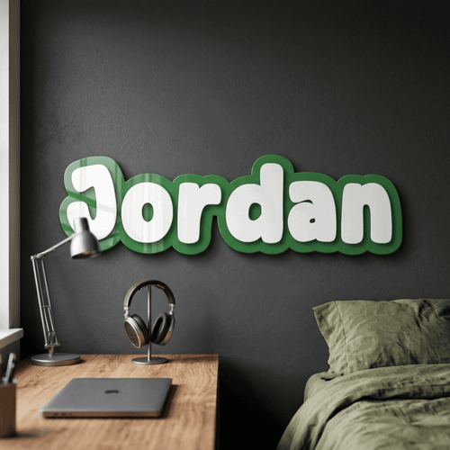 A custom 3D double layered acrylic name plaque featuring raised lettering mounted on a nursery feature wall, handcrafted by Make It Personal Gift Co in Central Coast, Australia.