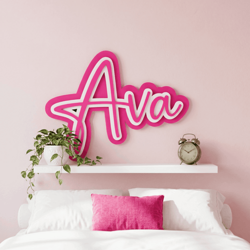 A custom 3D triple layered acrylic name plaque featuring raised lettering mounted on a nursery feature wall, handcrafted by Make It Personal Gift Co in Central Coast, Australia.