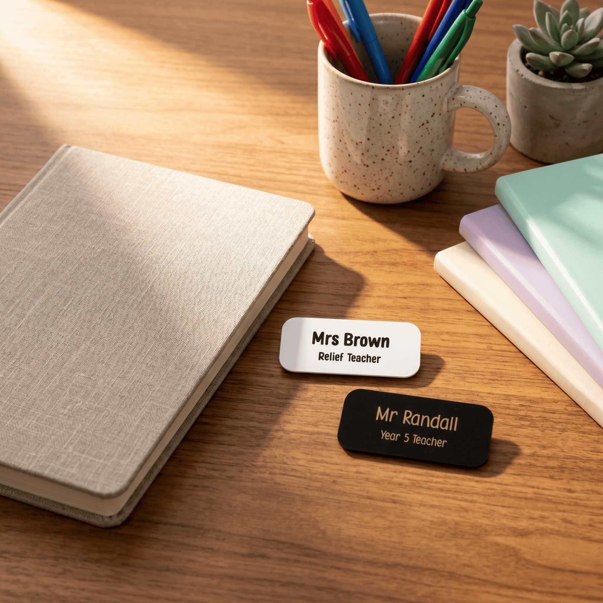 Two name tags on a wooden surface with a notebook, mug, and plant in the background.