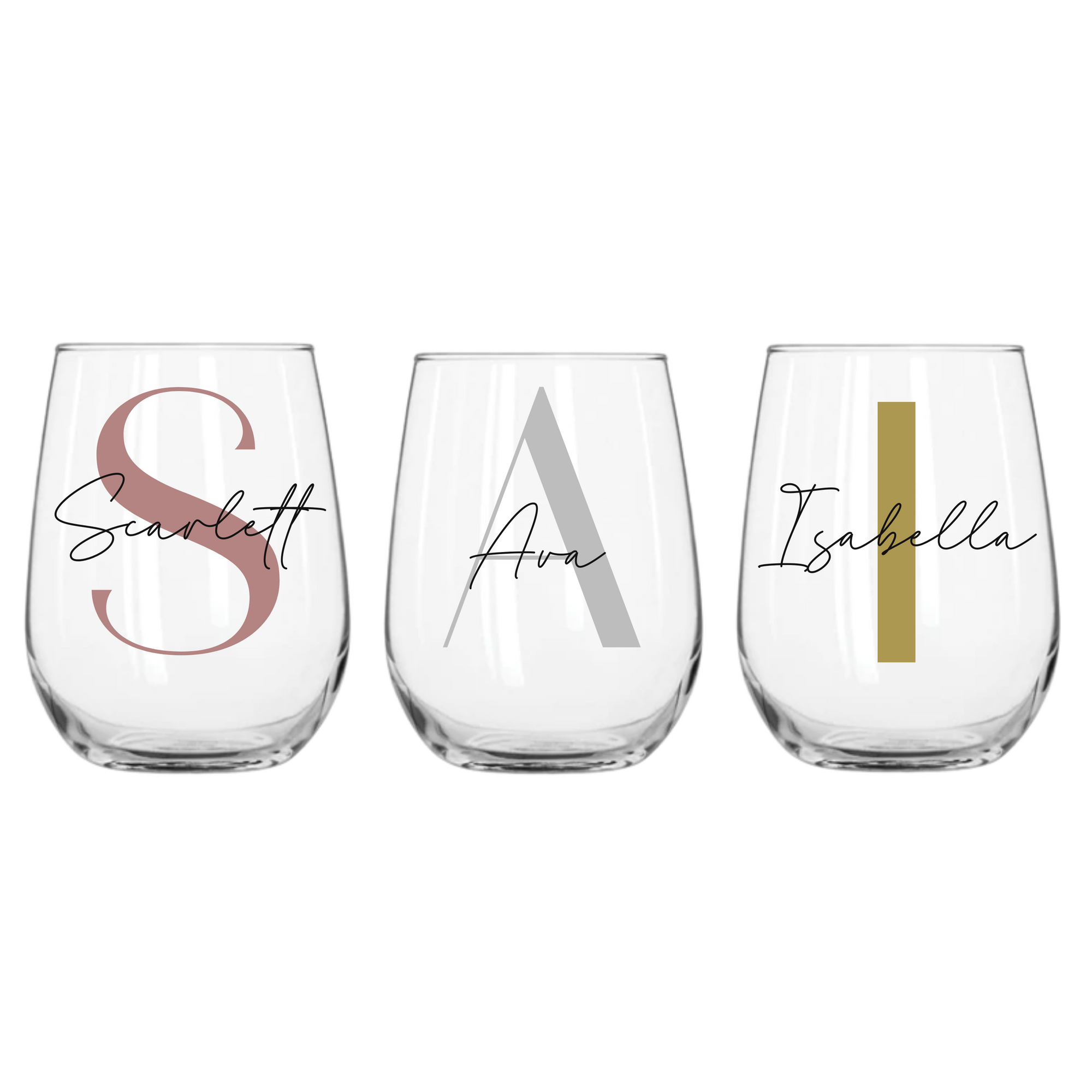 Set of three personalised 475ml stemless wine glasses with names Scarlett, Ava, Isabella, custom birthday gifts for her or him, personalised wineglass Australia