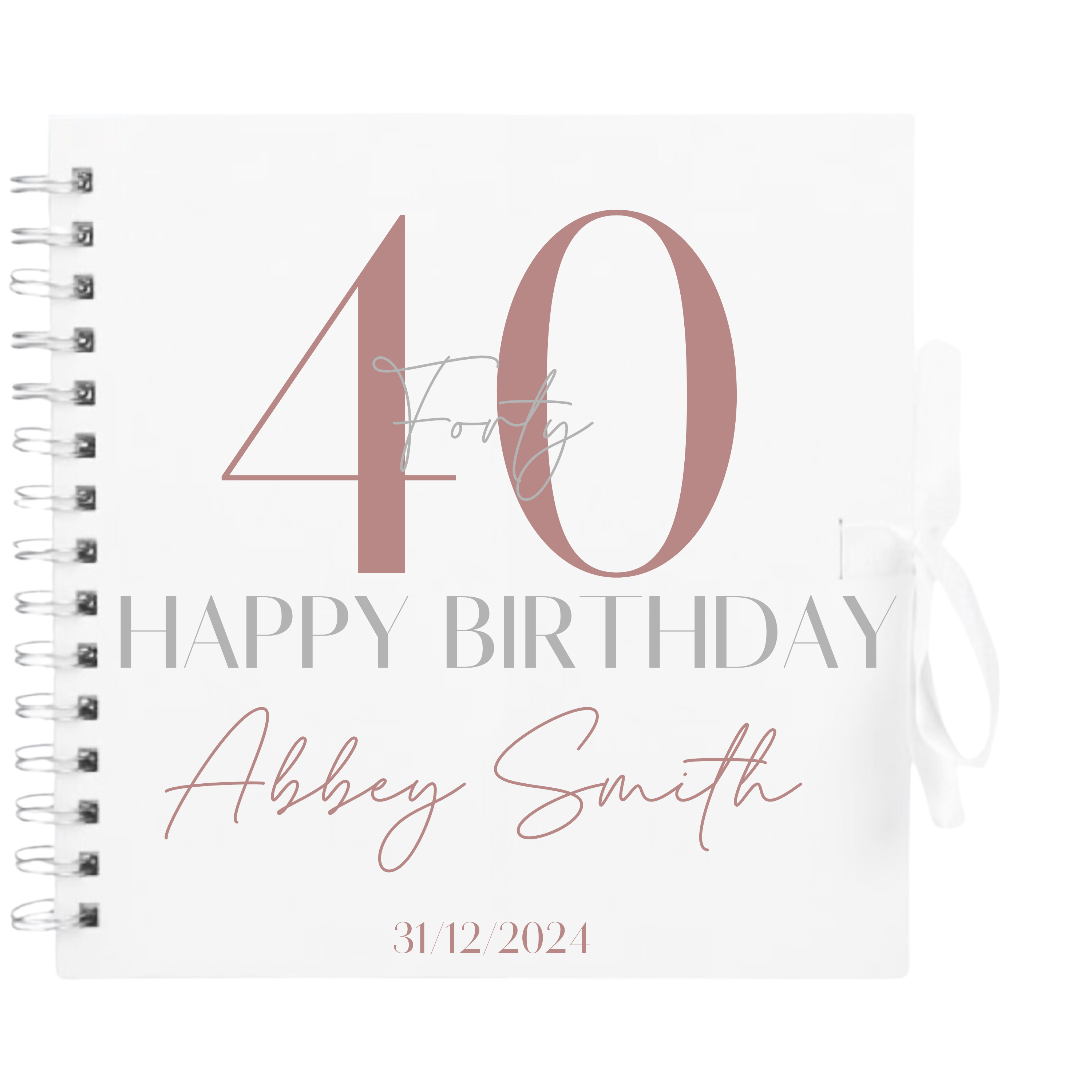 Personalised 40th birthday scrapbook album in white cover with rose gold and silver detailing and custom name