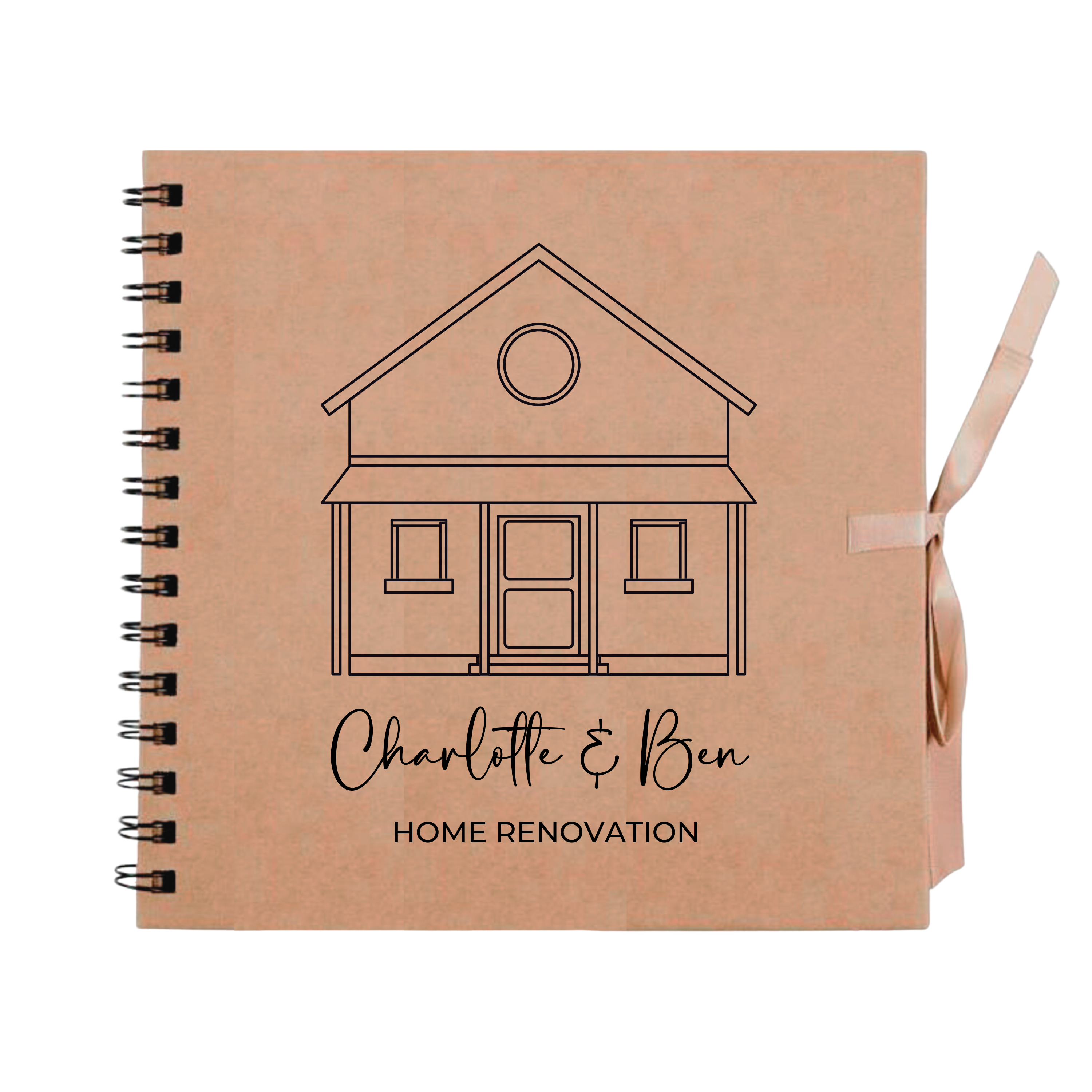 Kraft scrapbook album with personalised text "Home Renovation" and custom house sketch design