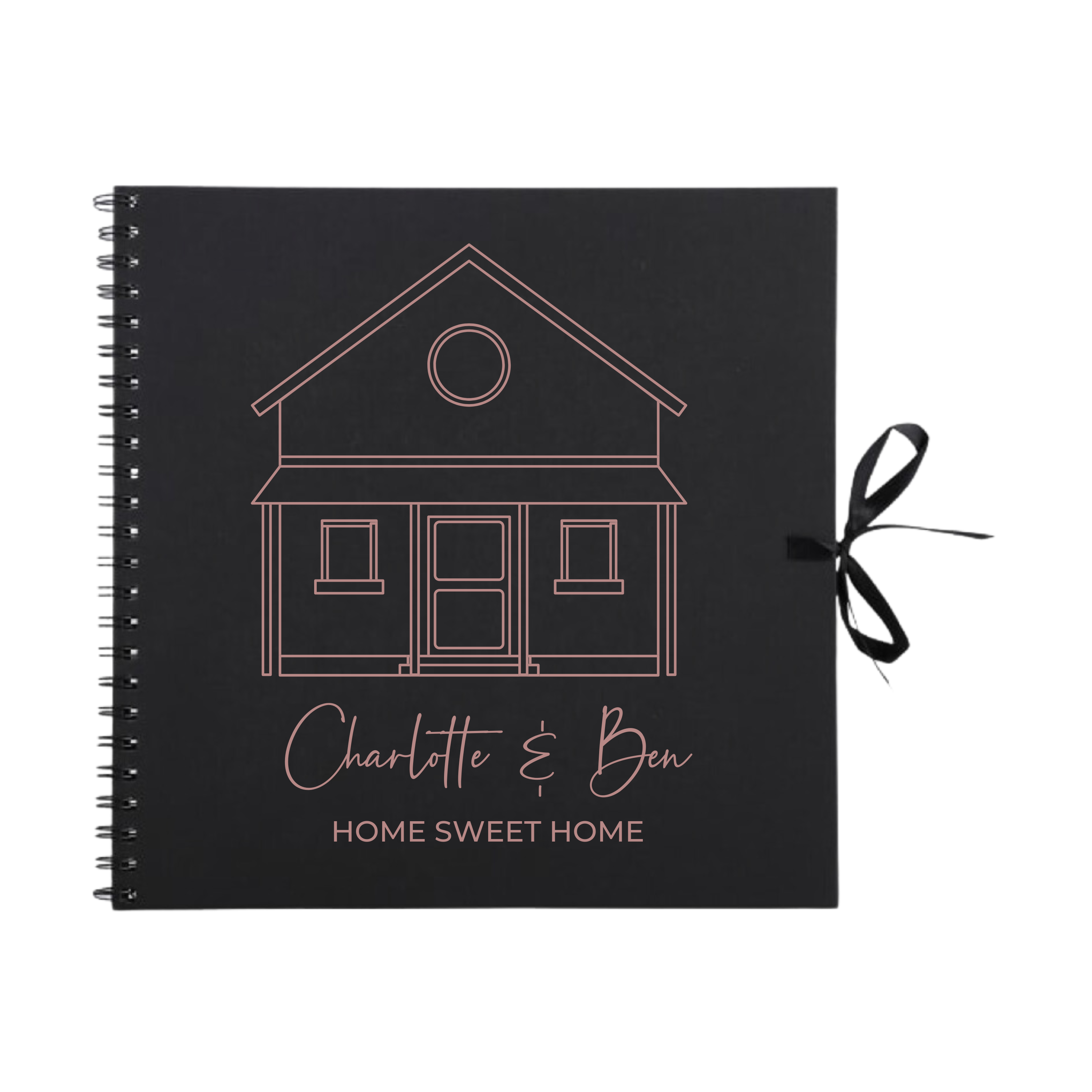 Black scrapbook with white line art house illustration and "Home Sweet Home" personalised cover