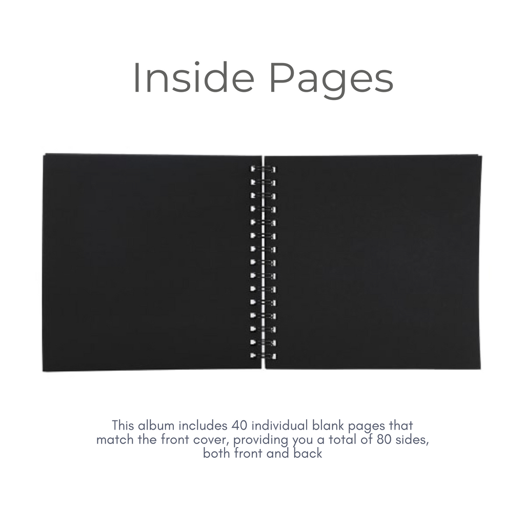 Inside pages of scrapbook album with black paper, ideal for polaroid photos and handwritten notes