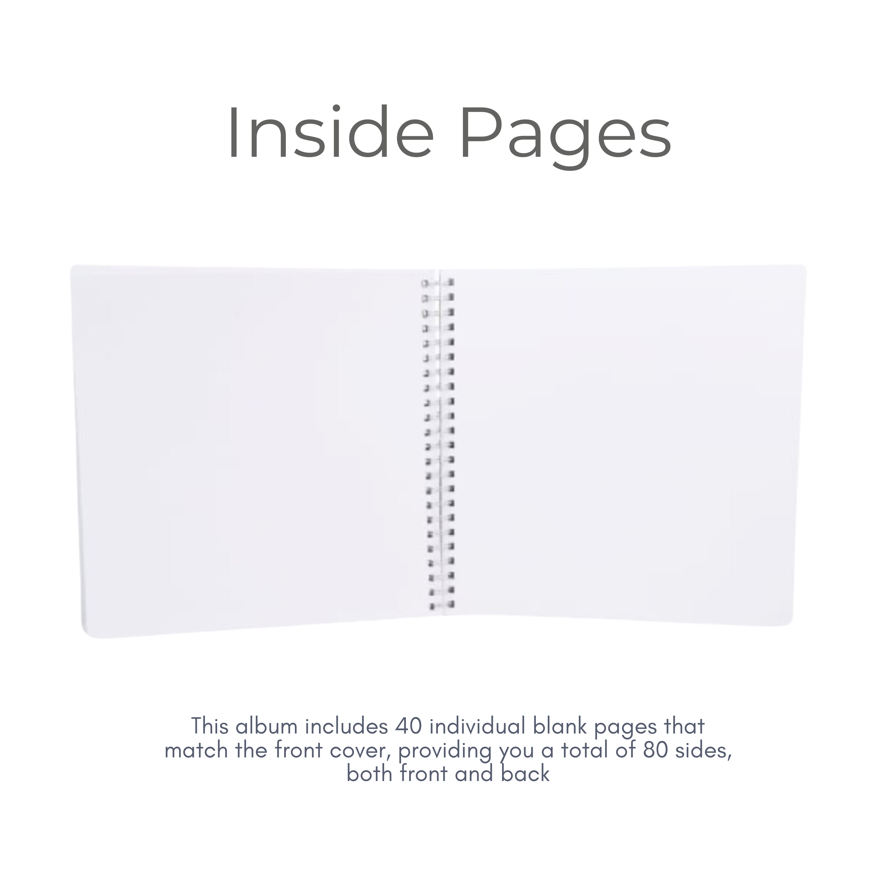 Inside pages of scrapbook album showing 40 blank white pages for custom messages and photos