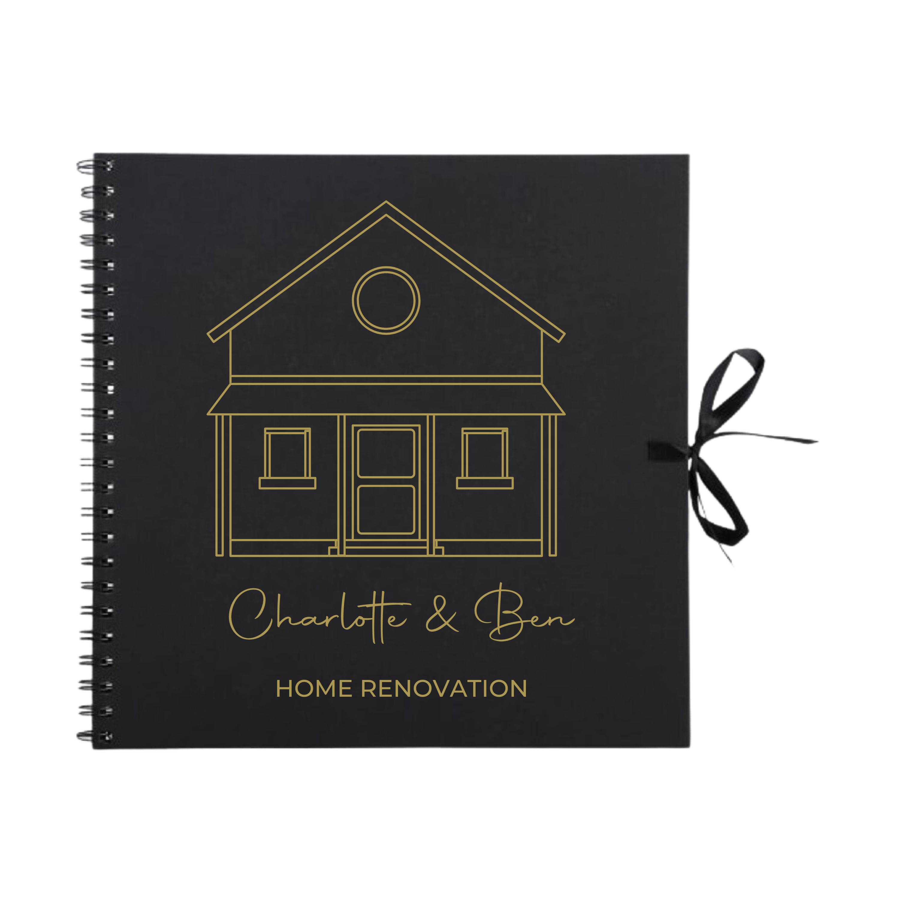 White scrapbook album with gold outline and custom text "Home Renovation", tied with white ribbon