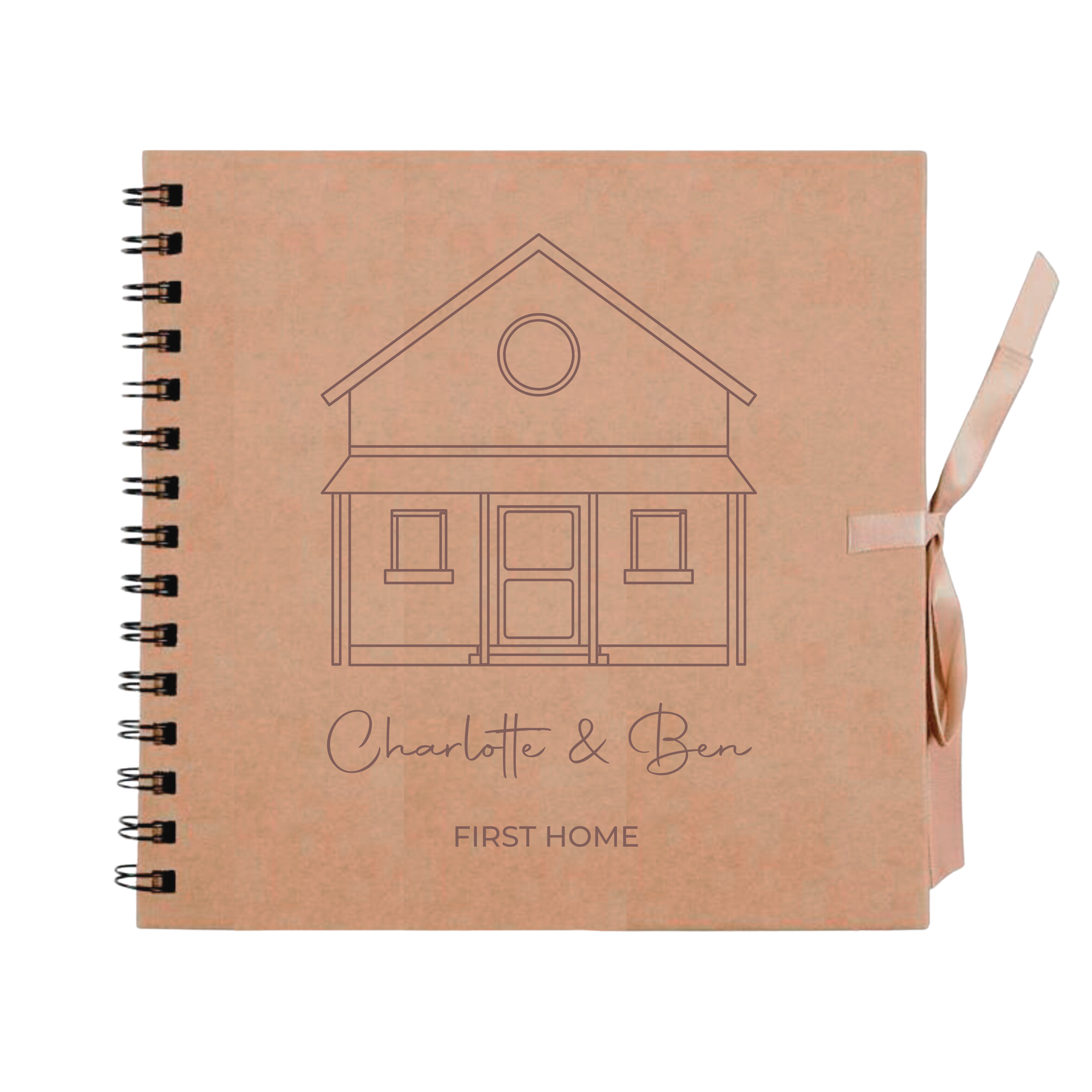 Kraft scrapbook photo album with custom names and "First Home" title, perfect housewarming gift