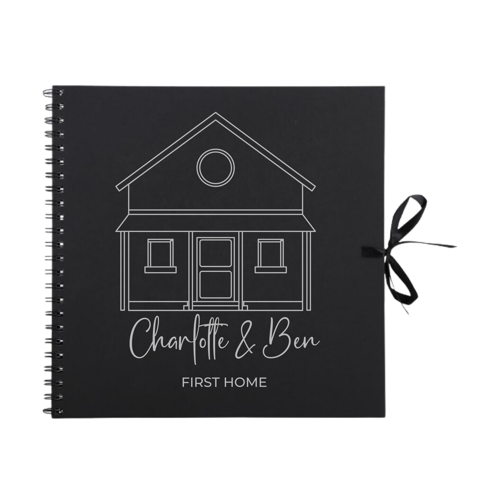 White scrapbook photo album with silver outline and "First Home" personalised text, ideal gift