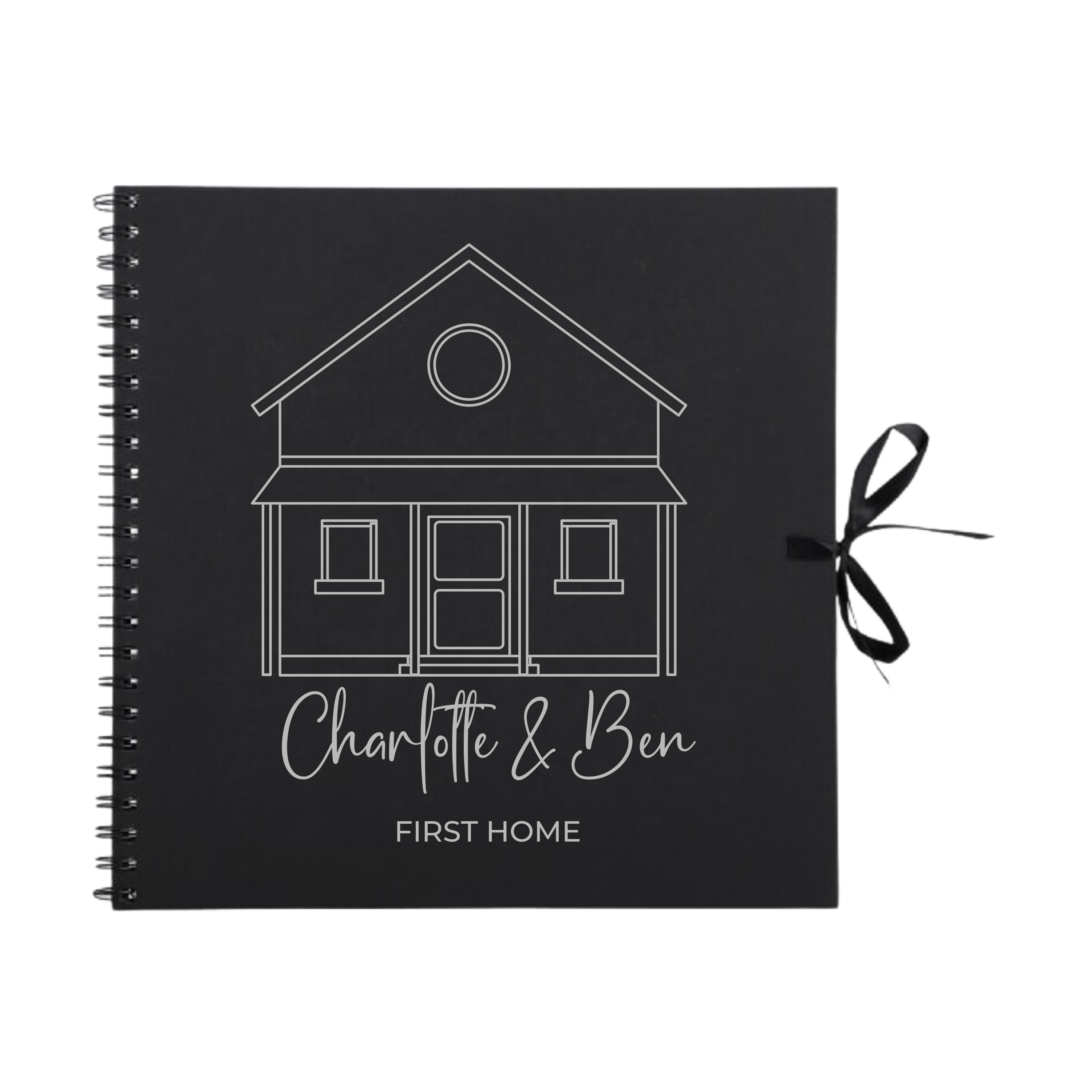 White scrapbook photo album with silver outline and "First Home" personalised text, ideal gift
